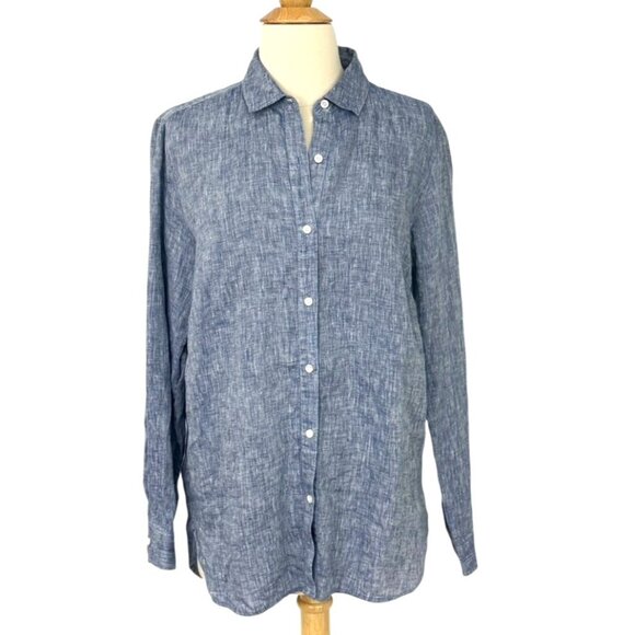 J. McLaughlin 100% Linen Button Down Shirt Denim Blue Long Sleeve Classic Size M - Picture 1 of 10